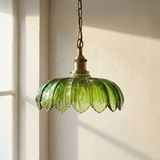 Soho Lighting Organic Flora Green Glass Pendant Light Antique Brass Lampholder, Chain and Brown Twisted Cable