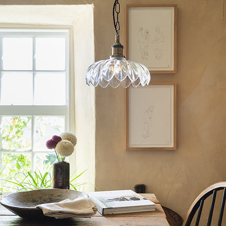 Soho Lighting Organic Flora Clear Glass Pendant Light Antique Brass Lampholder, Chain and Brown Twisted Cable