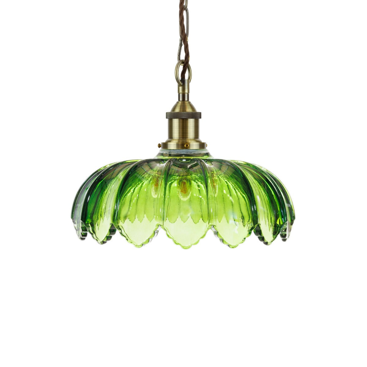 Soho Lighting Organic Flora Green Glass Pendant Light Antique Brass Lampholder, Chain and Brown Twisted Cable