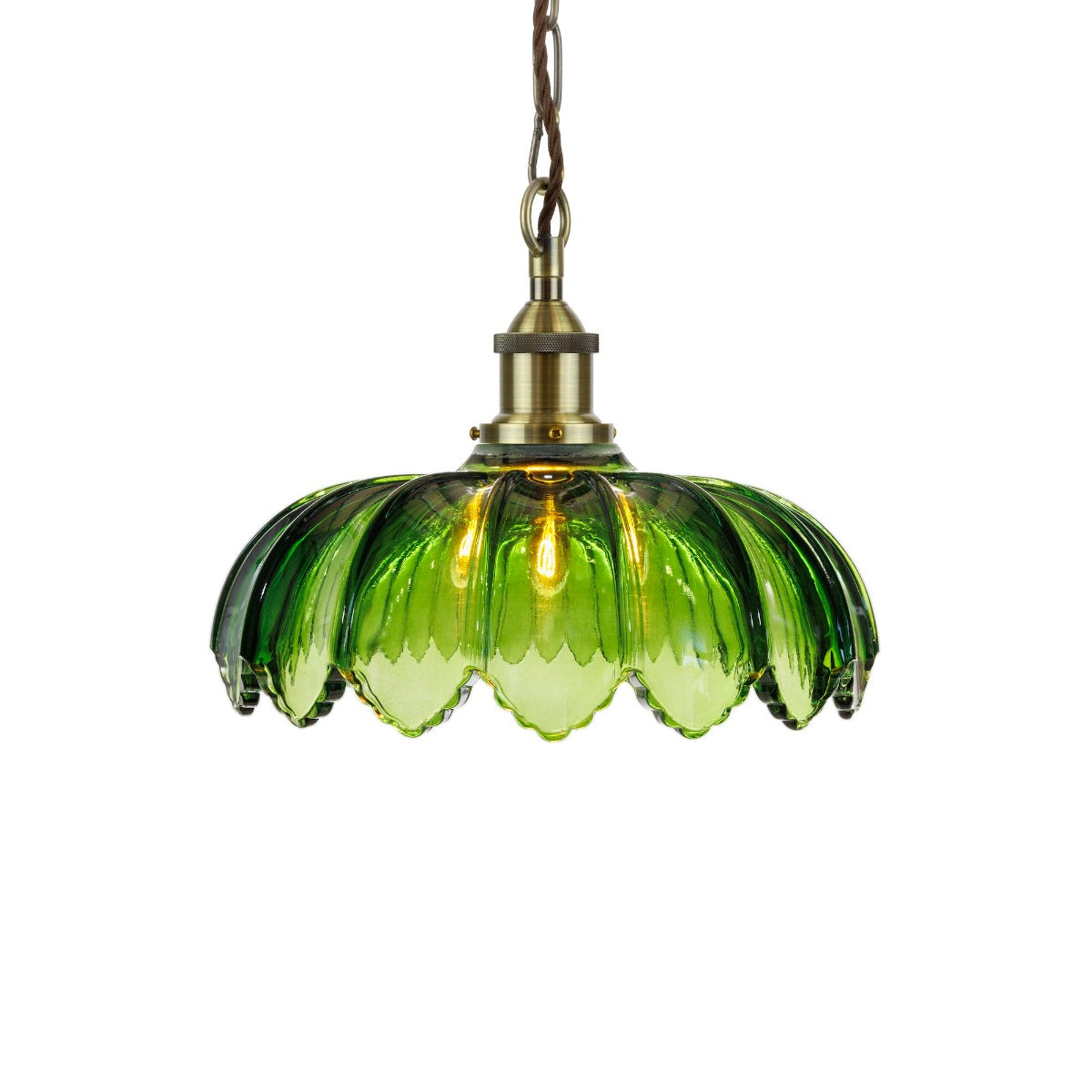 Soho Lighting Organic Flora Green Glass Pendant Light Antique Brass Lampholder, Chain and Brown Twisted Cable