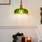 Soho Lighting Organic Flora Green Glass Pendant Light Antique Brass Lampholder, Chain and Brown Twisted Cable