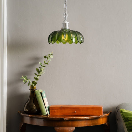 Soho Lighting Organic Flora Green Glass Pendant Light Nickel Lampholder, Chain and Grey Twisted Cable