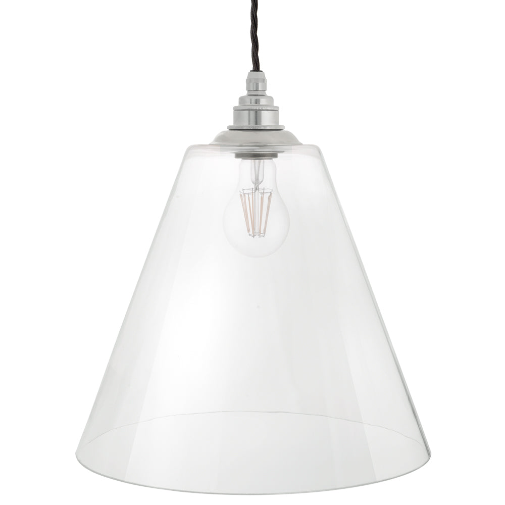 Soho Lighting Forster Clear Cone Glass Pendant Light with Nickel Bulb Holder and Black Twisted Cable