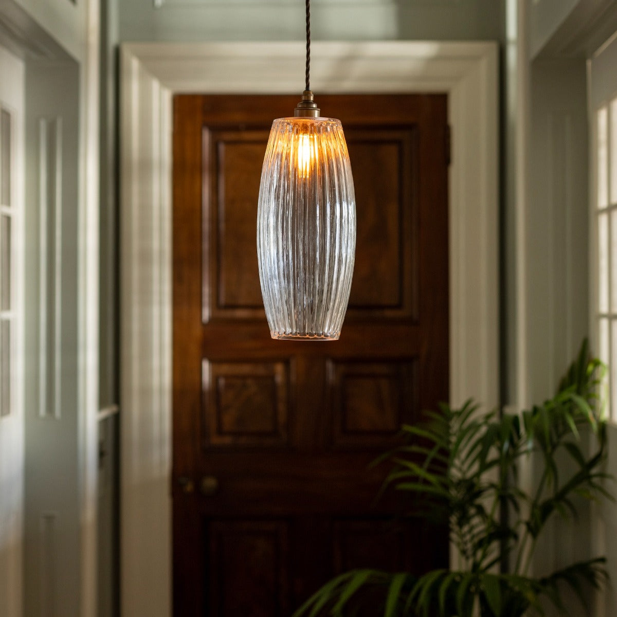 Soho Lighting Henley Curve Fluted Glass Pendant Light with Old English Bronze Bulb Holder and Brown Twisted Cable