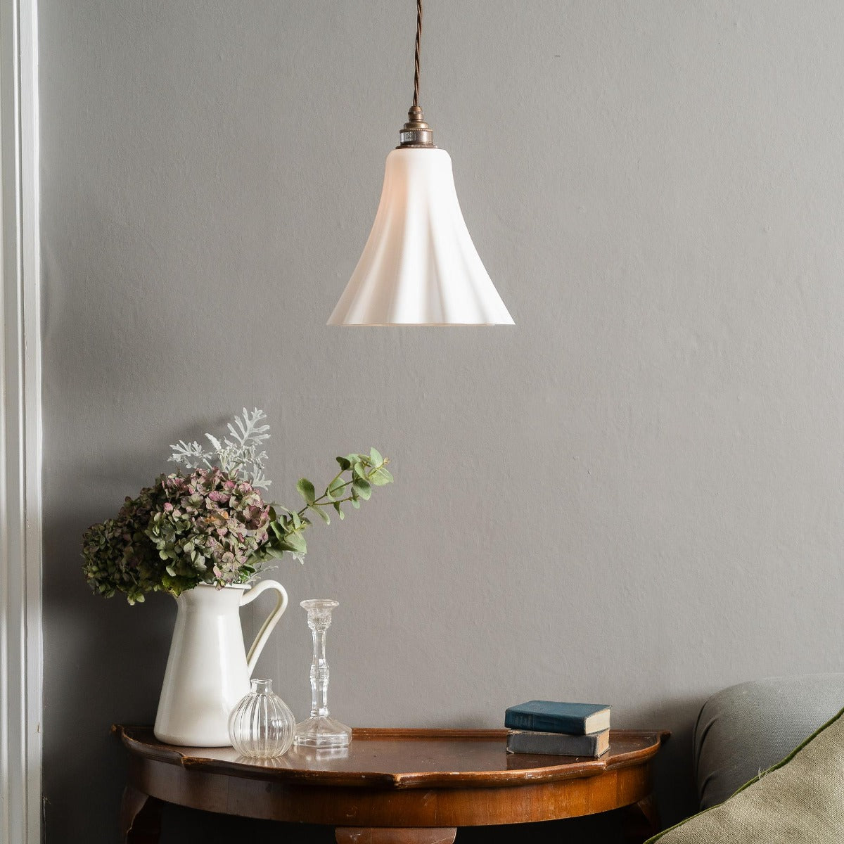Soho Lighting Bluebell Pendant Light in Surf White with Old English Bulb Holder with Brown Twisted Cable