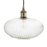 Soho Lighting Henley Ellipse Ribbed Glass Pendant Light with Antique Brass Lamp Holder and Black Twisted Cable