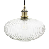 Soho Lighting Henley Ellipse Ribbed Glass Pendant Light with Antique Brass Lamp Holder and Black Twisted Cable