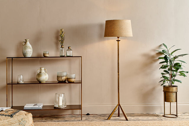 Nkuku Sahhil Metal Tripod Floor Lamp Antique Brass –  from Amos Lighting + Home