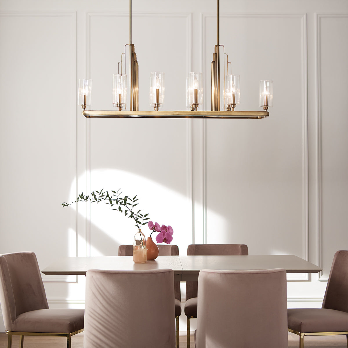 Quintiesse Kimrose 10 lt Art Deco Linear Chandelier Brushed Natural Brass –  from Amos Lighting + Home