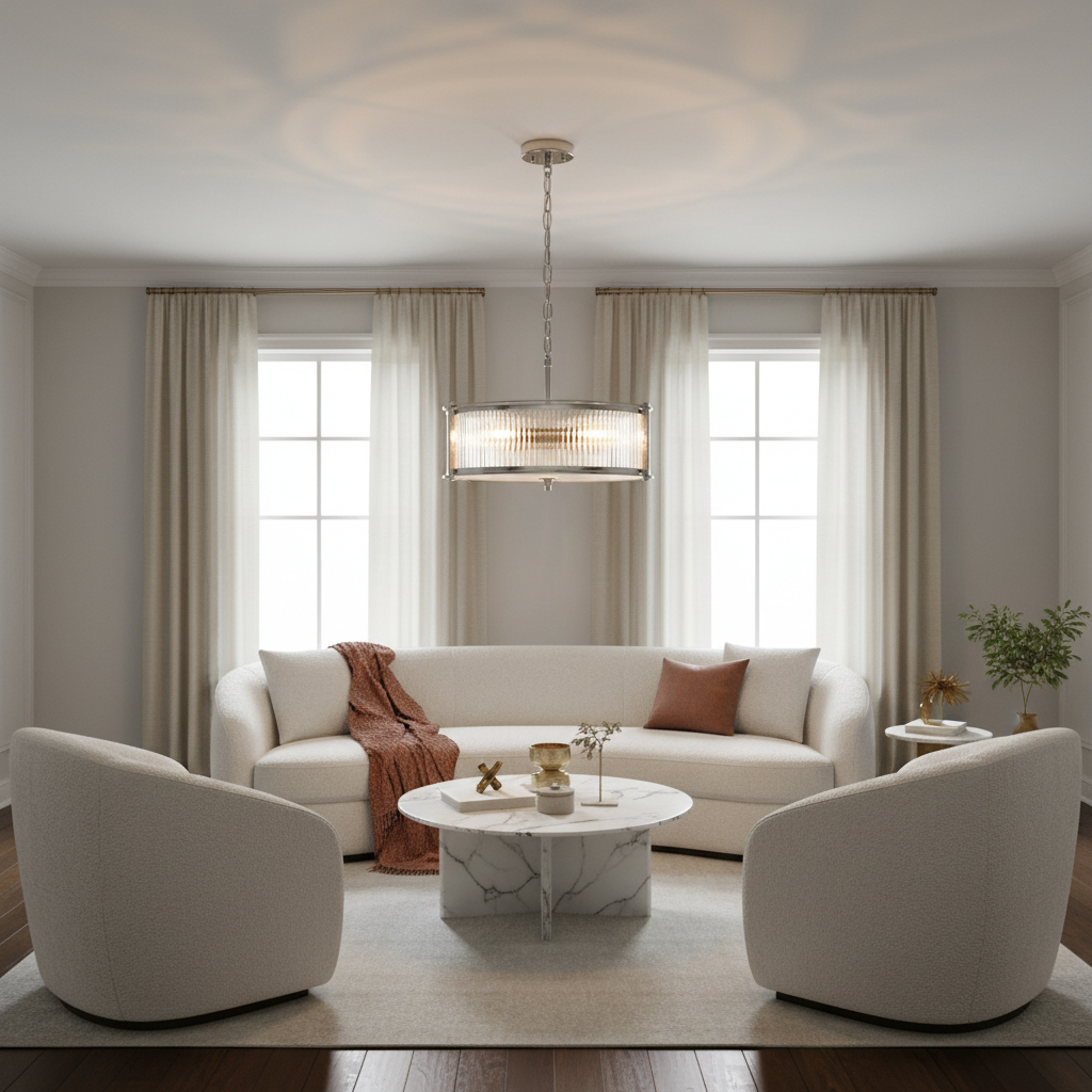 Ribbed Glass Nickel Pendant - Living Room